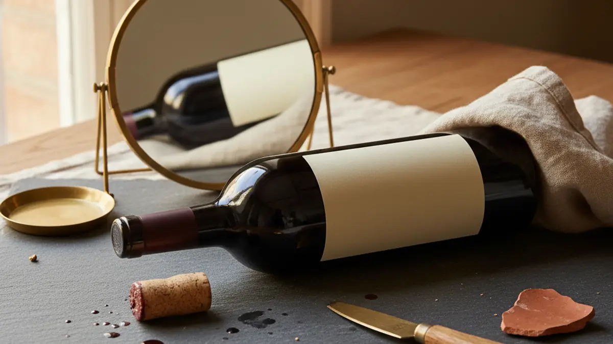Wine bottle, cork, phone, and mirror show front and back label sides