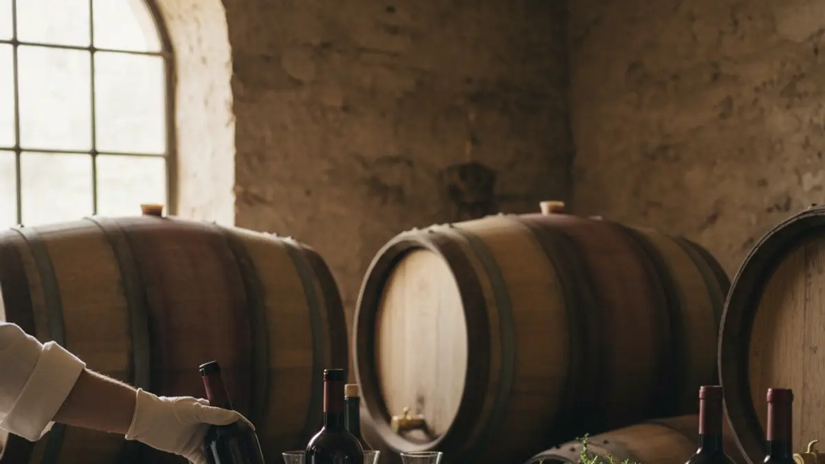 Gloved hand selecting a bottle beside oak barrels and winery equipment