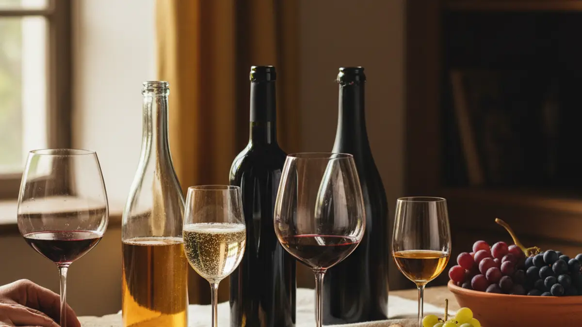 Three unlabelled bottles beside different wine glasses and grapes