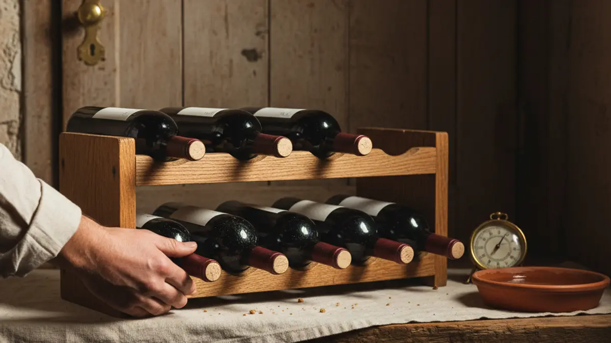 Wine bottles rest on a cellar rack beside a thermometer and humidity dish