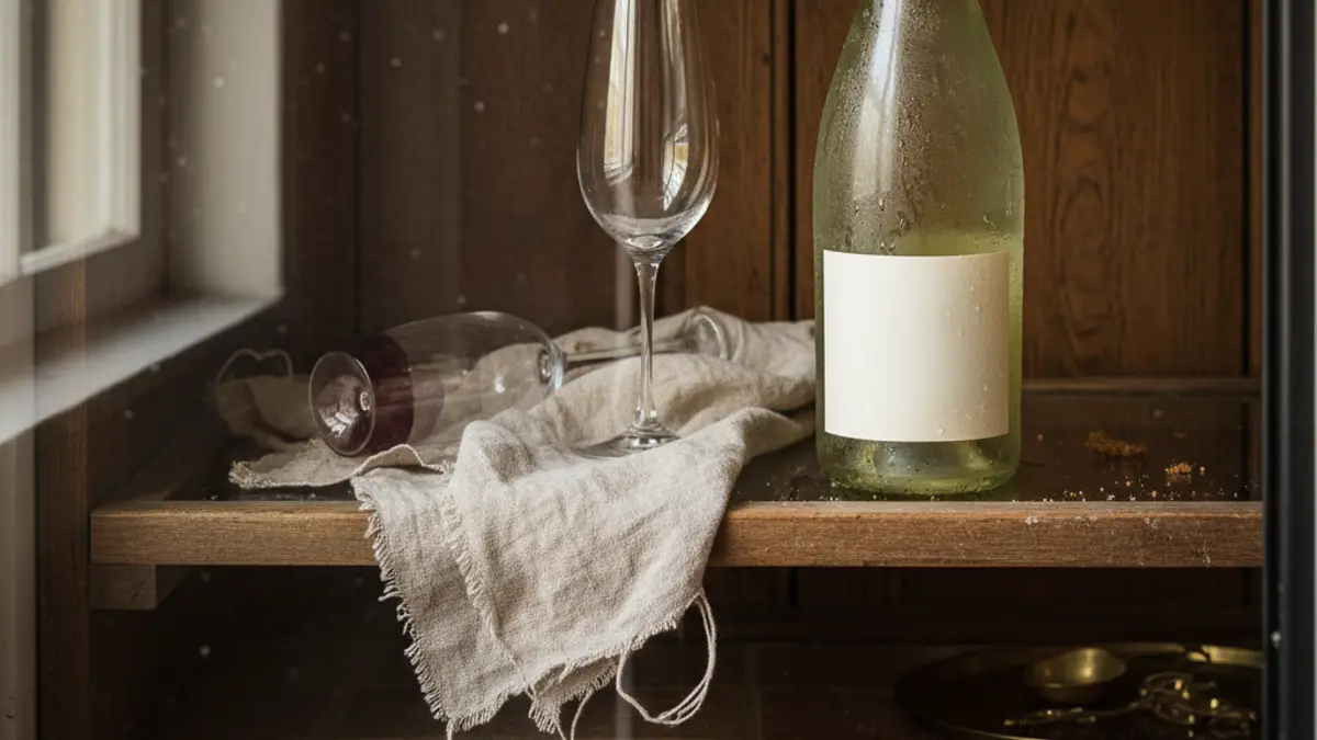 Sparkling wine bottle stands chilled beside a flute and folded towel