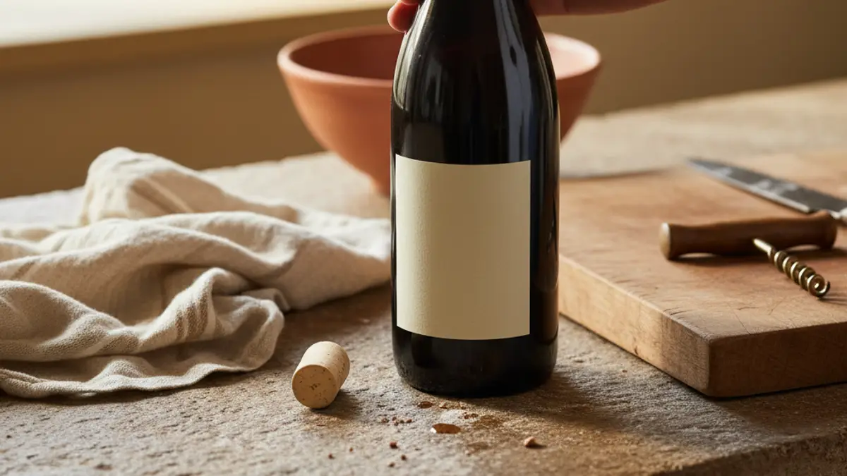 Hand examines a damp cork and wine bottle for signs of seepage