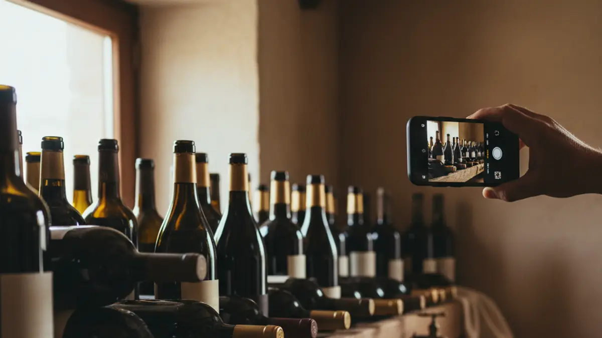 Smartphone framing a crowded wine shelf with partially hidden bottles