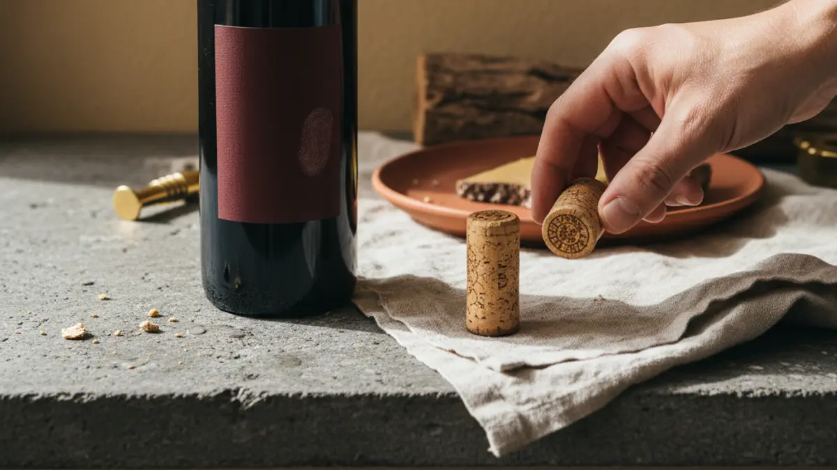 Wine bottle beside two vintage-marked corks on a stone counter