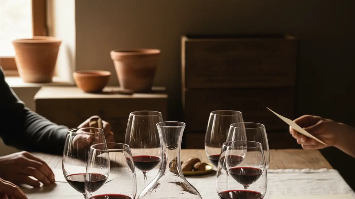 Hands place blank score cards beside varied red wine glasses around a decanter.