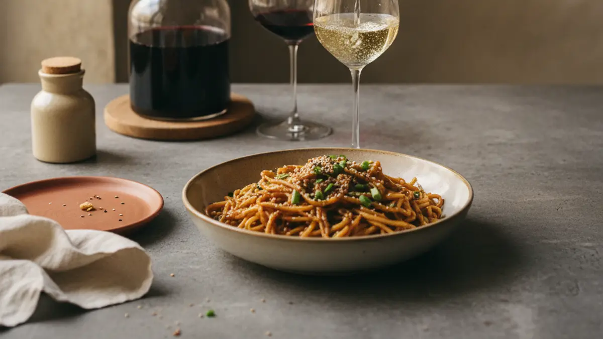 Hand pours white wine beside spicy noodles while a red wine remains untouched.