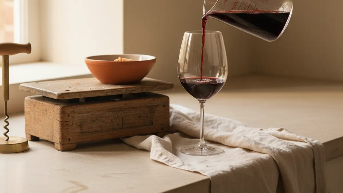 Hand pouring wine into a measuring jug beside a wine glass and kitchen scale.