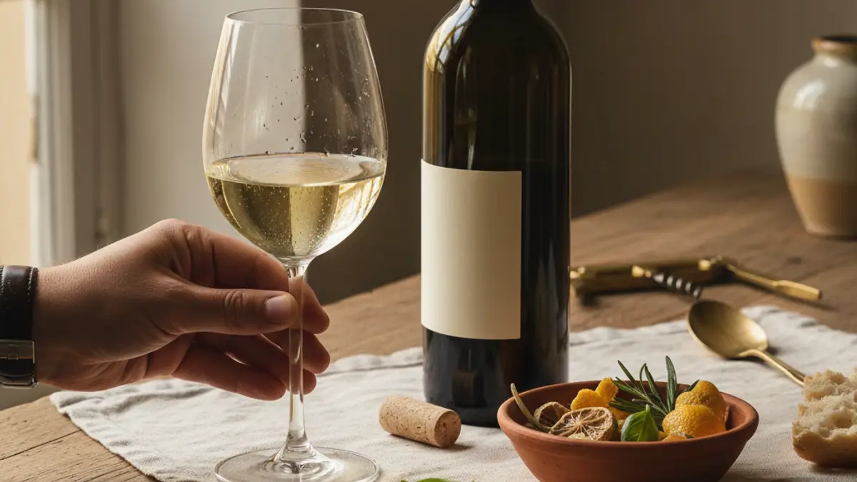 Hand swirling pale wine in a narrow glass beside citrus peel and herbs.