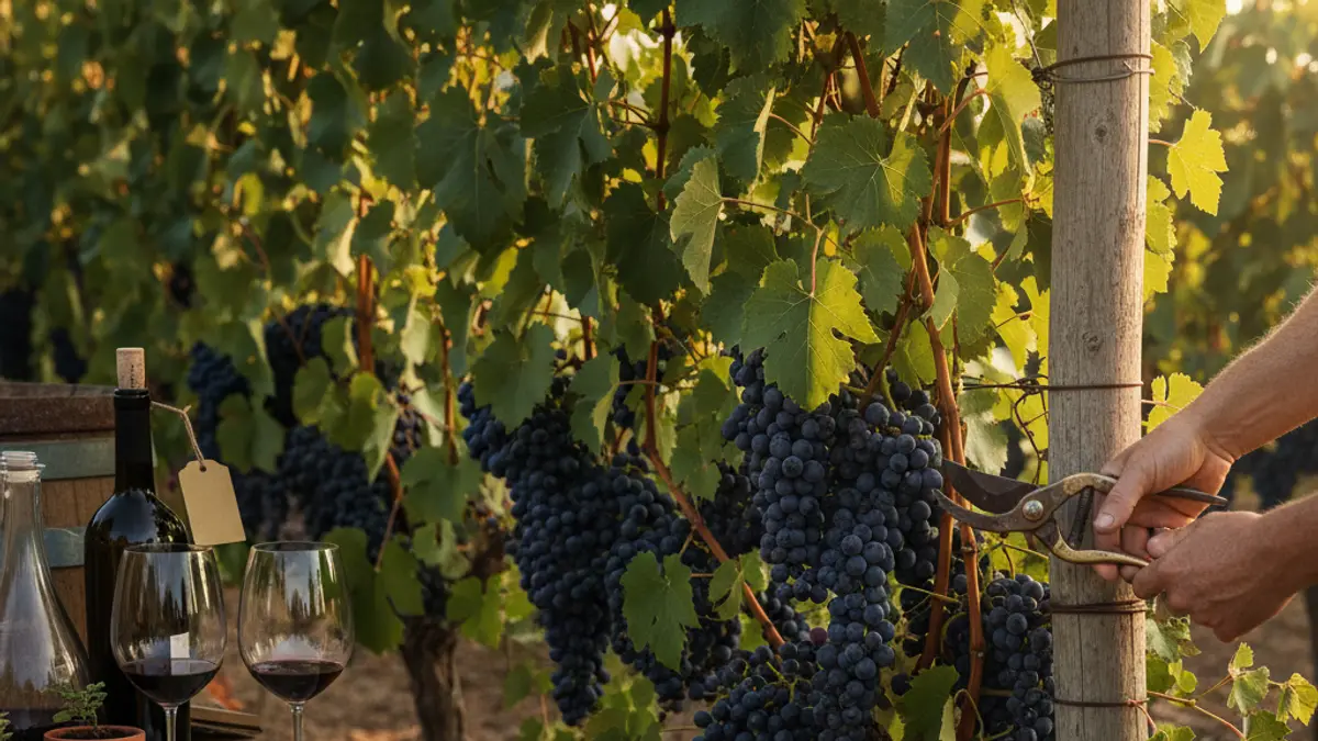 Trellised Malbec vines with dark grape clusters and a hand pruning the cane