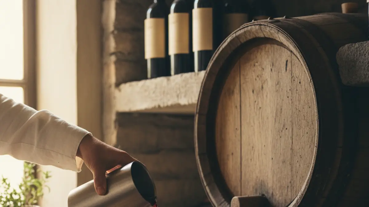 Hand pouring young Malbec beside an oak barrel and bottles in a cellar