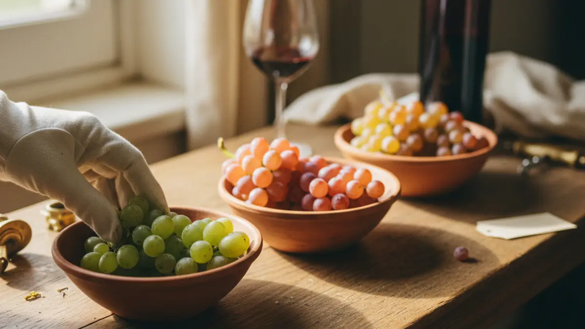 Green, pink, and amber Muscat grape clusters in ceramic bowls on a vineyard bench