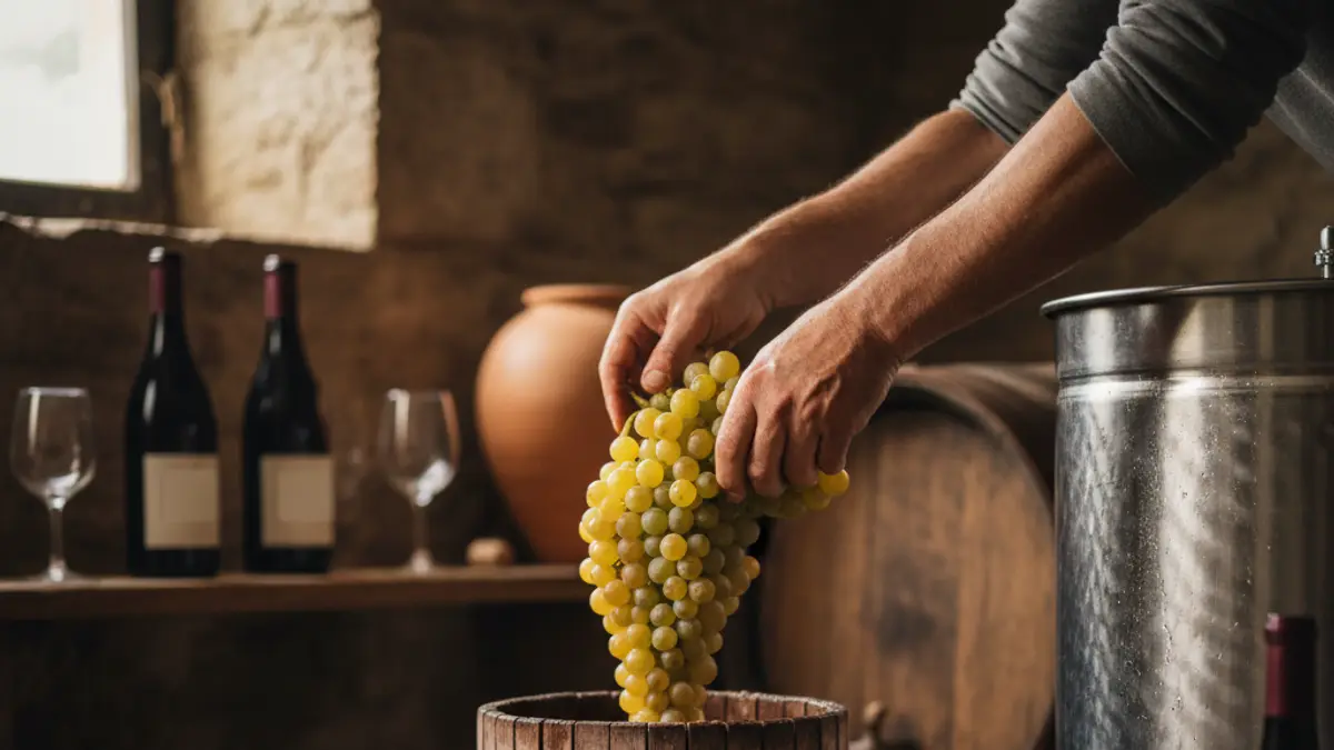 Hands tipping Muscat grapes into a basket press beside a stainless-steel tank