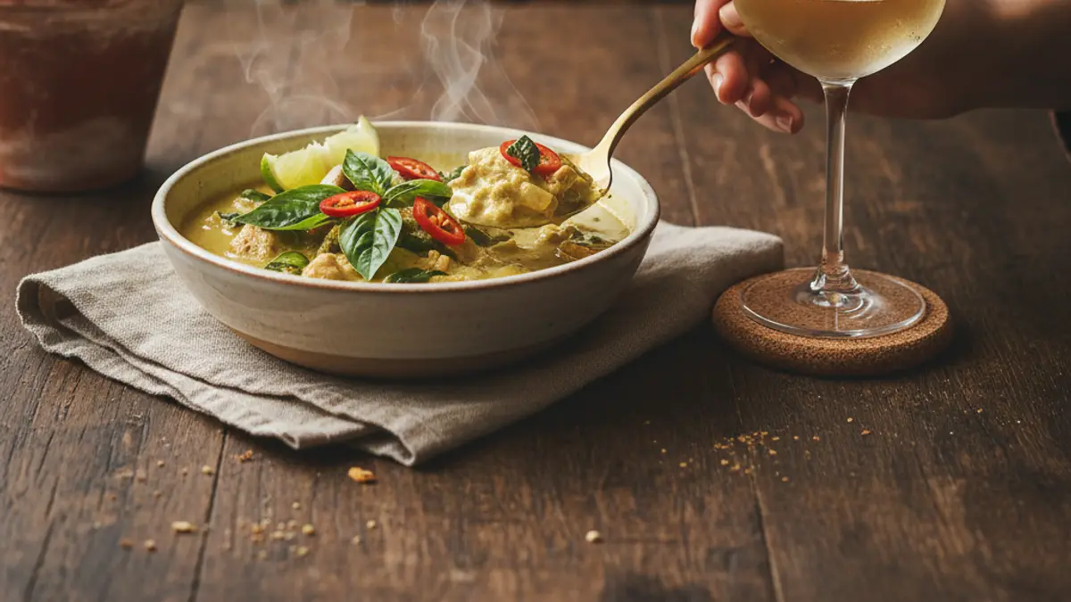 Thai green curry, herbs, lime, and chilled off-dry Muscat on a wooden table