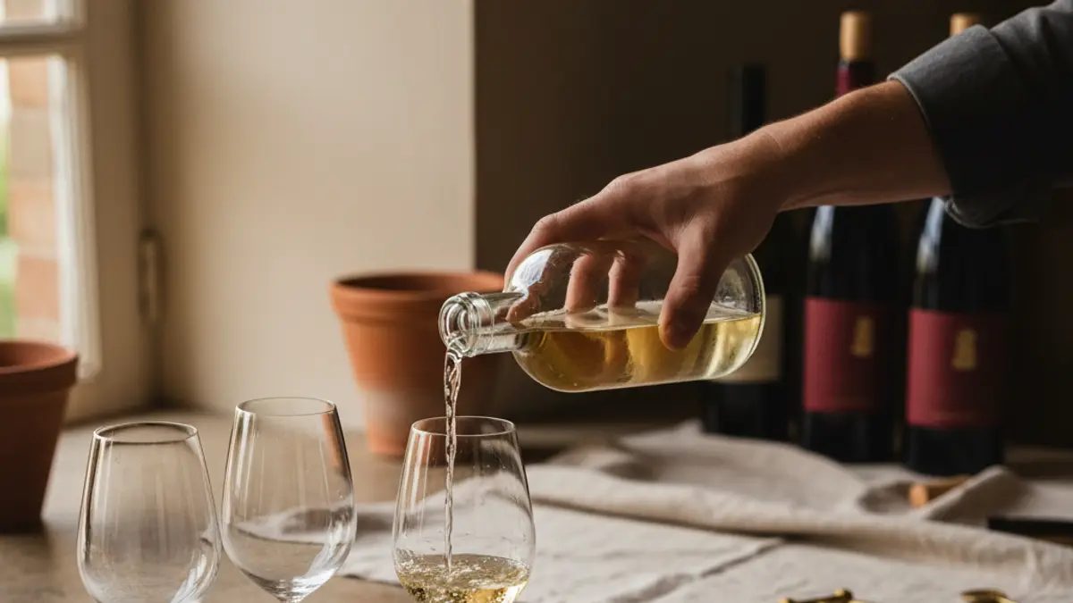 Hand pours wine beside tasting glasses and a ceramic spittoon