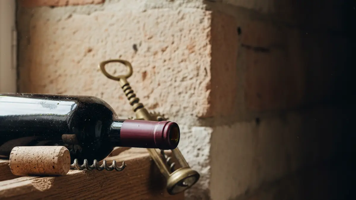 Dark wine bottle lies in a cellar rack beside cork and corkscrew