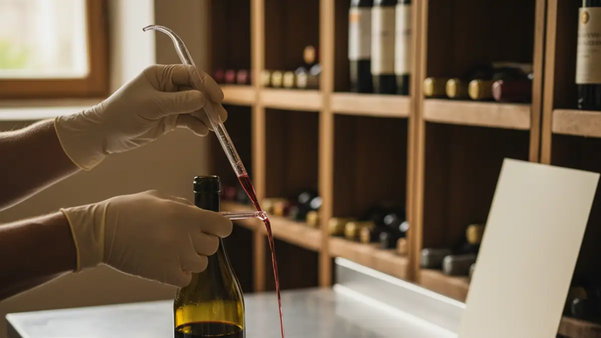 Gloved hands measuring wine beside an uncorked bottle in a cellar