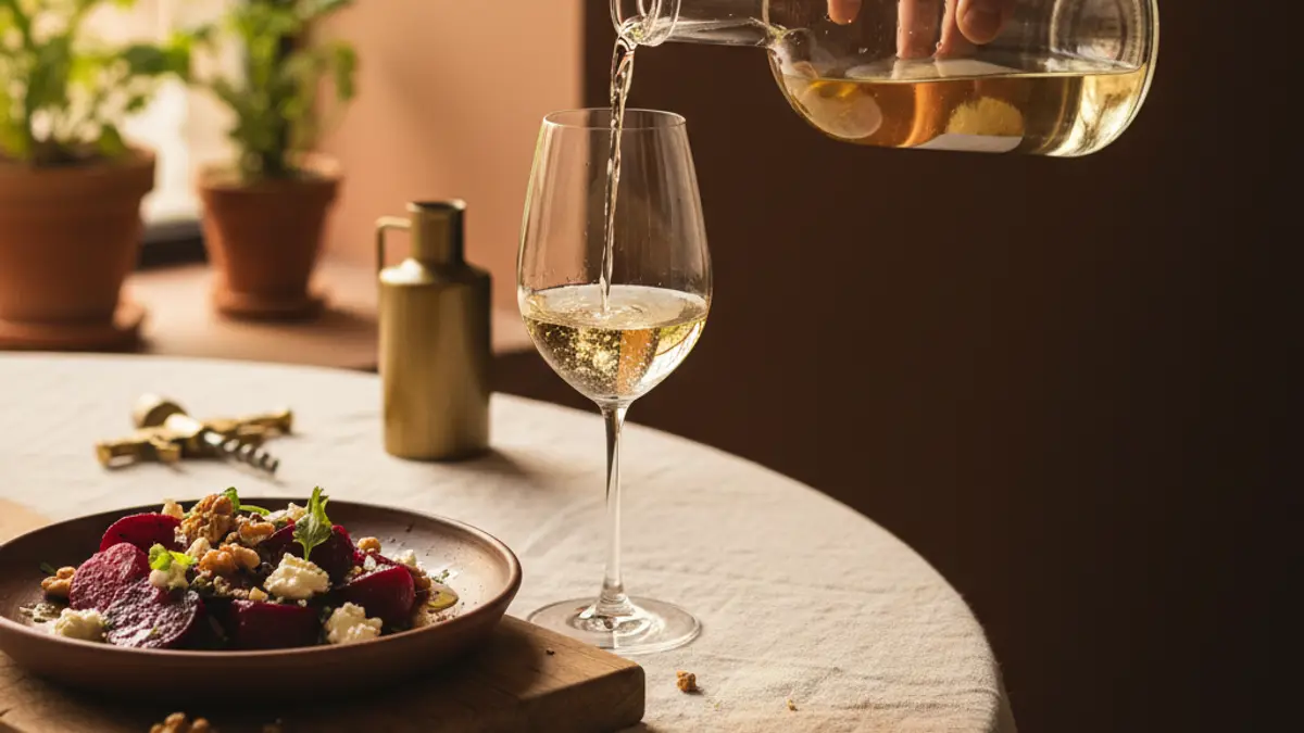 Pale wine poured beside roasted beetroot, walnuts, and goat cheese