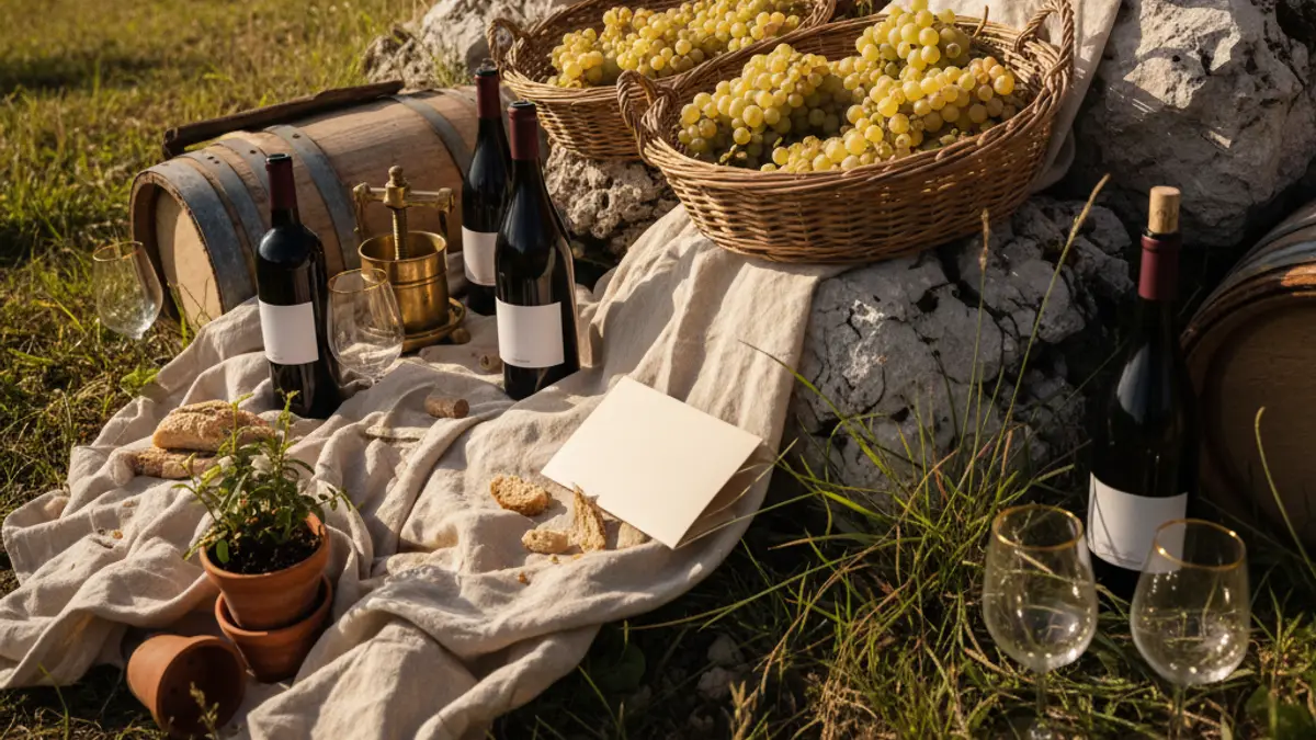 Pale grapes in baskets beside a sloping European vineyard
