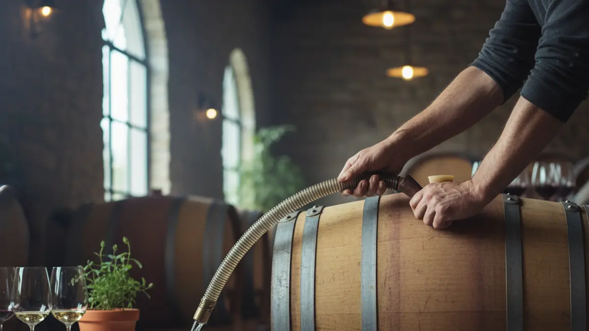 Hands transferring pale wine between a steel tank and oak barrel