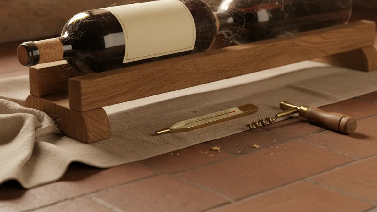 Cork-sealed bottles resting horizontally in a dim wooden cellar rack