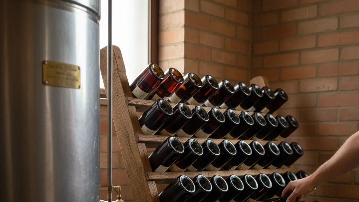 Pressure tank and riddling rack with sparkling-wine bottles in a cool cellar