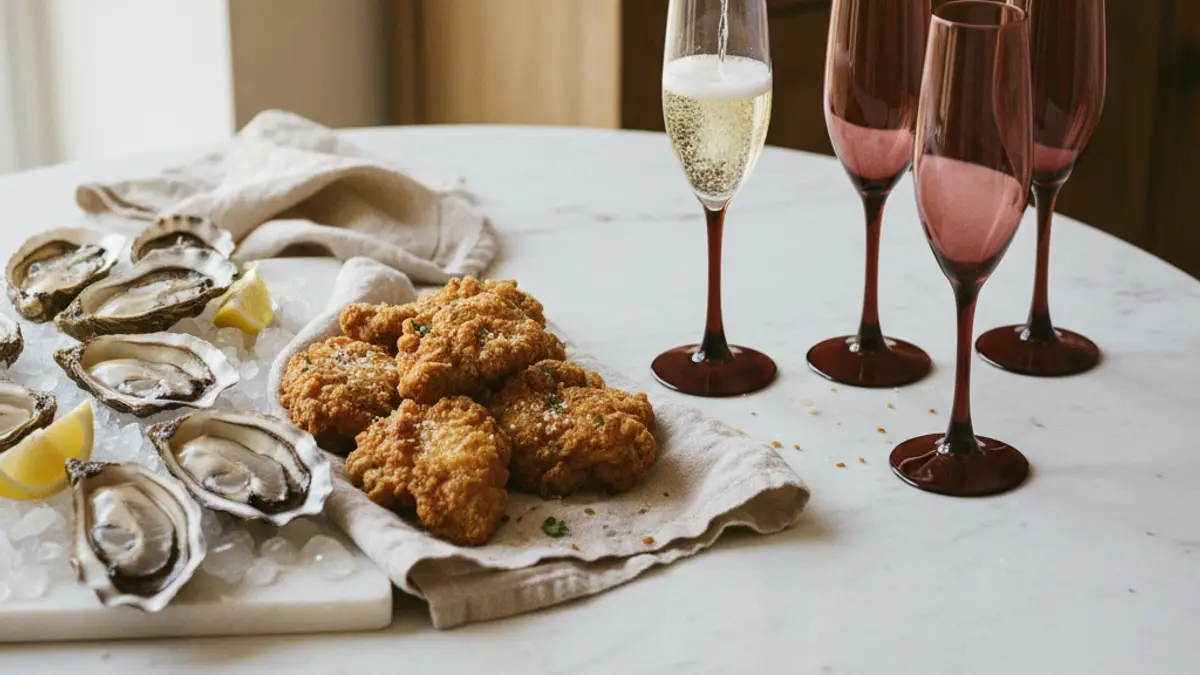 Oysters and fried chicken beside sparkling wine glasses on a marble table