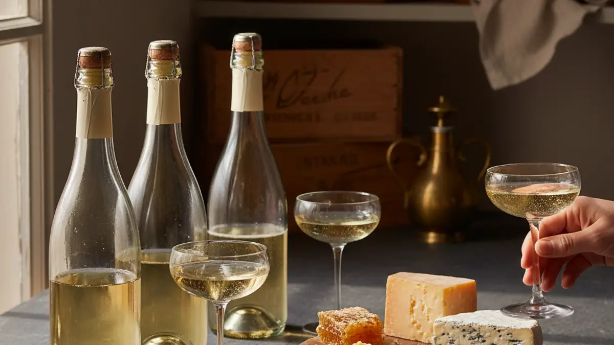 Three sparkling-wine bottles, corks, glasses, and cheeses on a slate counter
