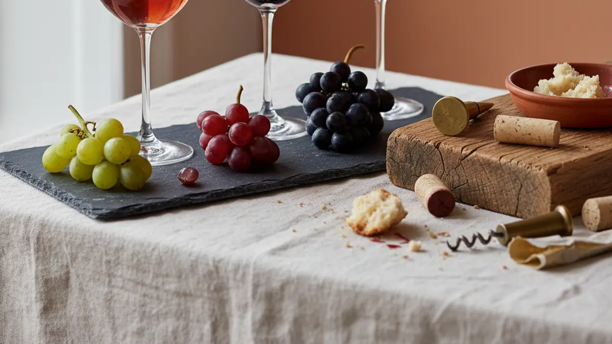 Three red wines of different shades beside grape clusters on slate