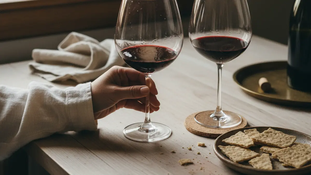Hand swirling red wine beside a second glass and tasting crackers