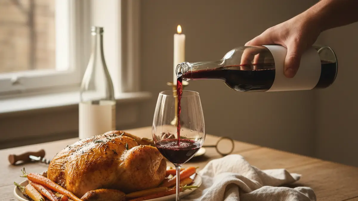 Red wine being poured beside roast chicken and roasted carrots
