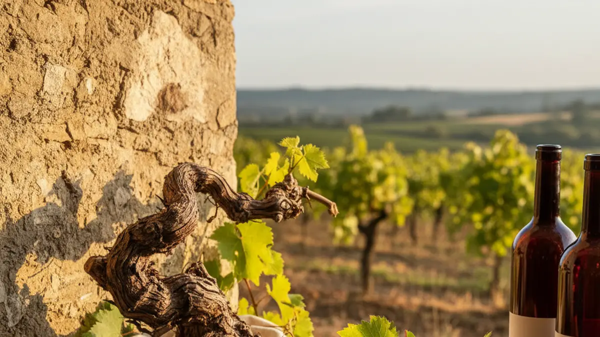 Gnarled Riesling vine with pruning shears and harvest basket on sunlit stone