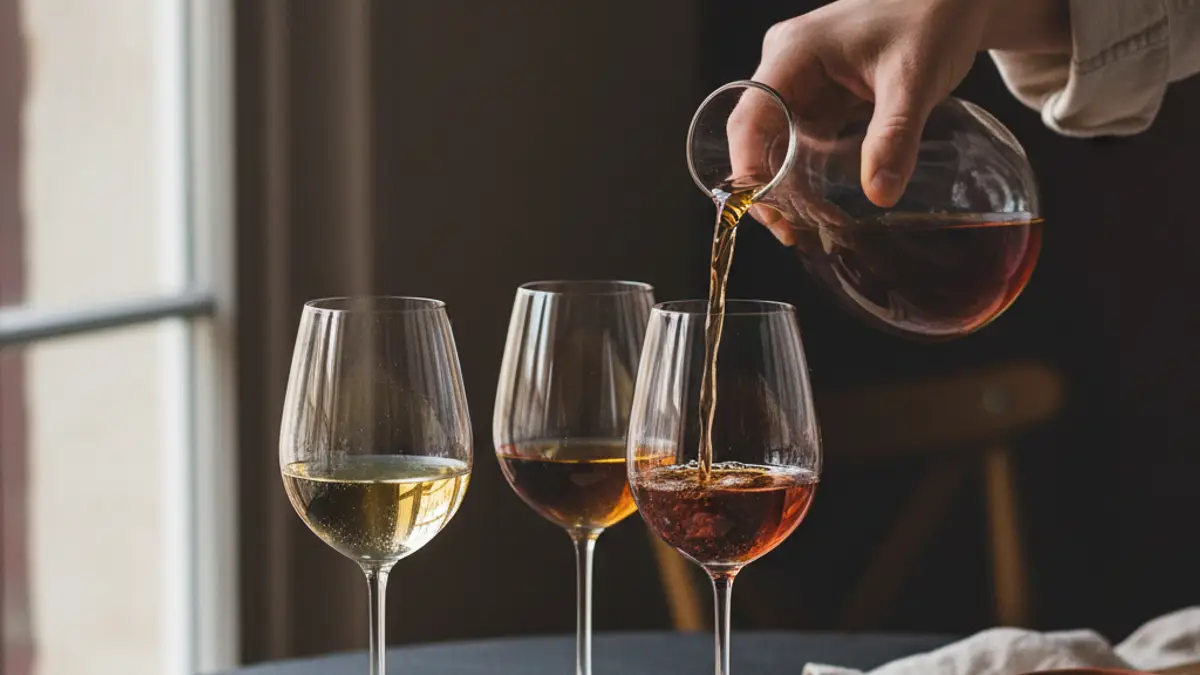 Three Riesling styles in tulip glasses, with a hand pouring golden wine