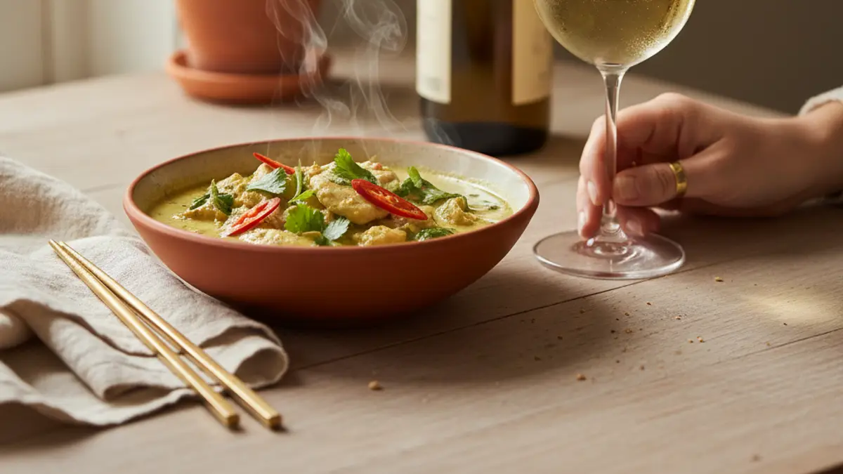 Thai green curry beside chilled Riesling, chopsticks, herbs, and lime