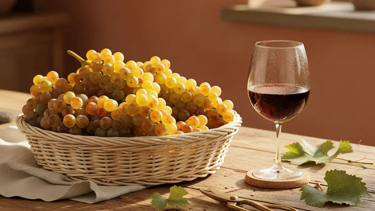 Ripe Sauvignon Blanc grapes, vine leaves, pruning shears, and a green wine glass