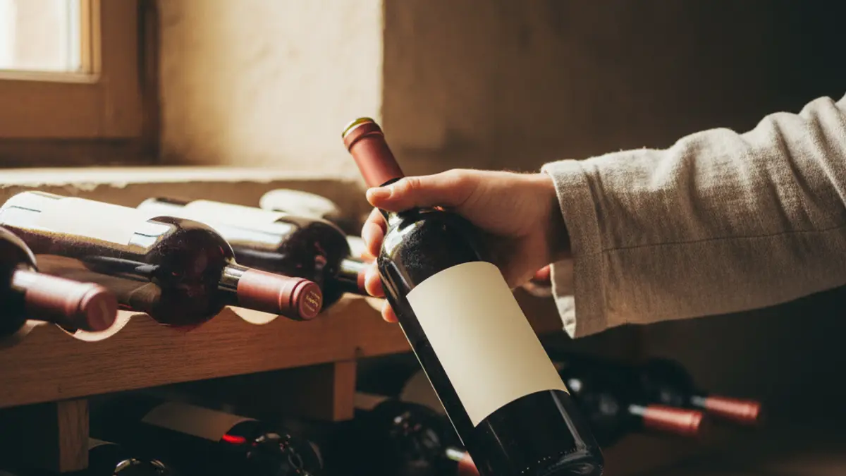 Unlabeled wine bottles stored in wooden racks beside corks and corkscrew