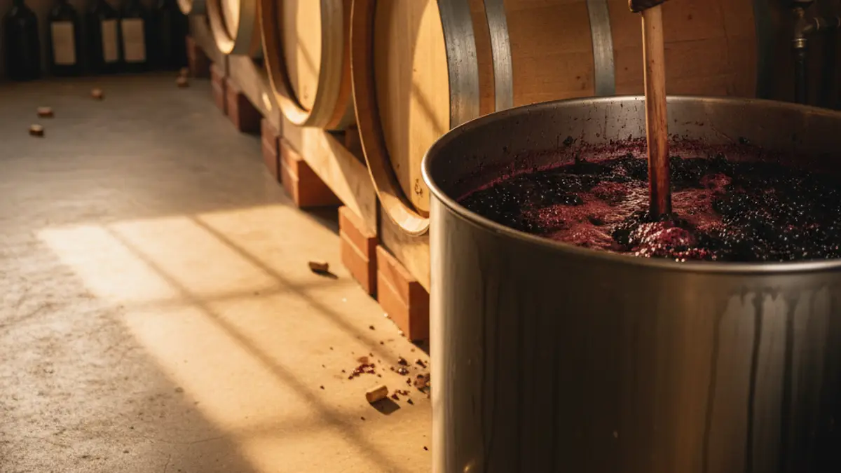 Gloved hand stirring fermenting Shiraz skins beside oak barrels