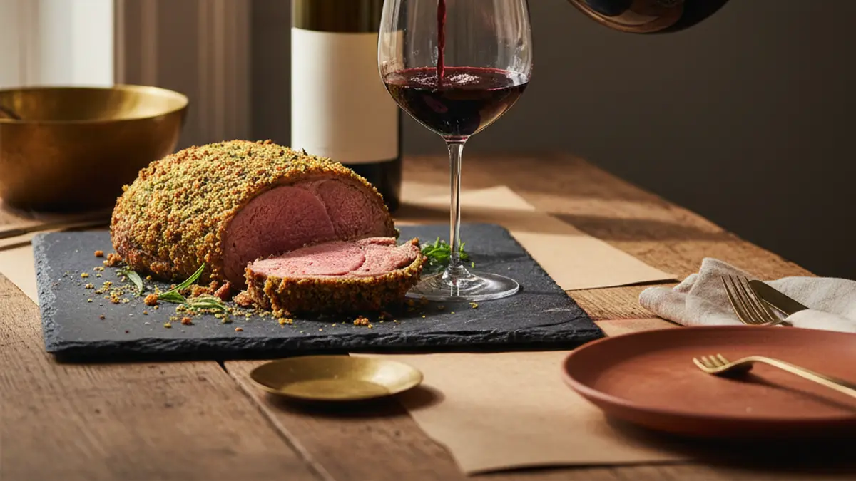 Herb-crusted lamb, Shiraz, red-wine glass, and decanter on slate