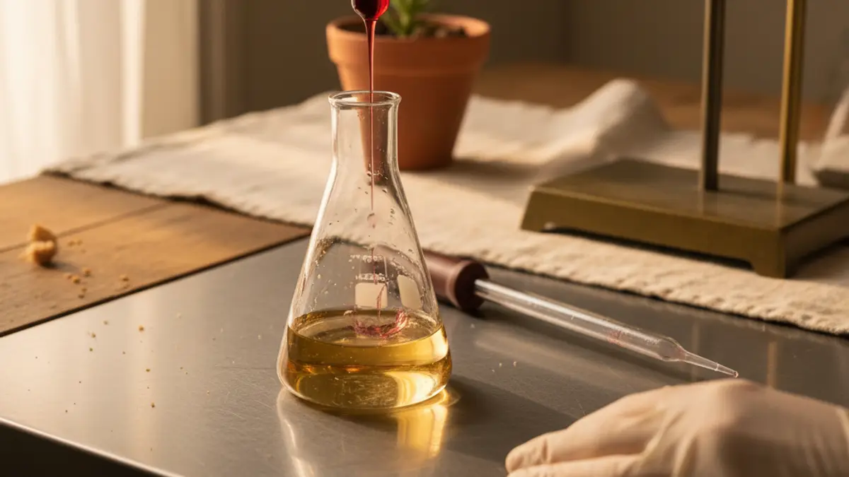 Gloved hands titrate a wine sample beside laboratory glassware on a metal bench