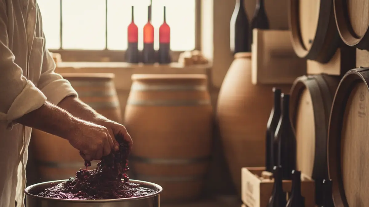 Hands stir fermenting purple grape must in a small stainless steel vat