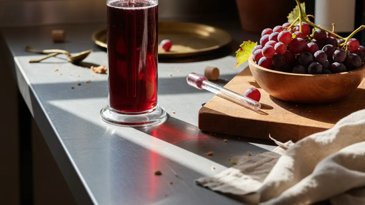 Hand measuring ruby grape juice with a glass hydrometer beside fresh grapes