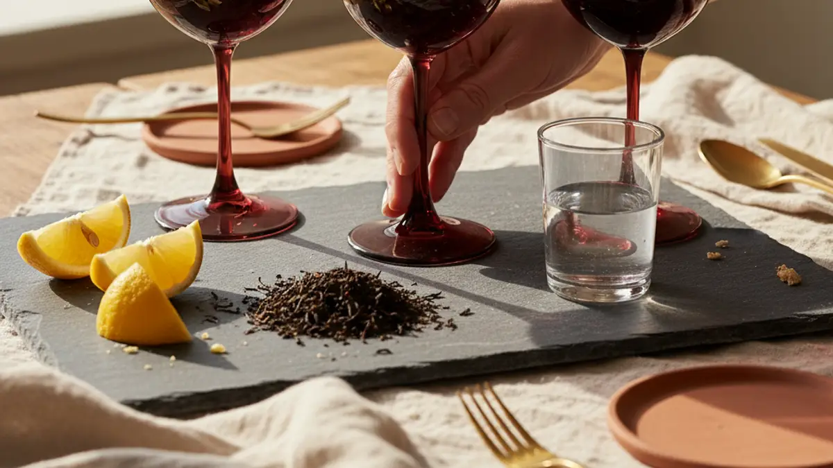 Wine glasses surrounded by lemon, tea leaves, and a small spirit glass