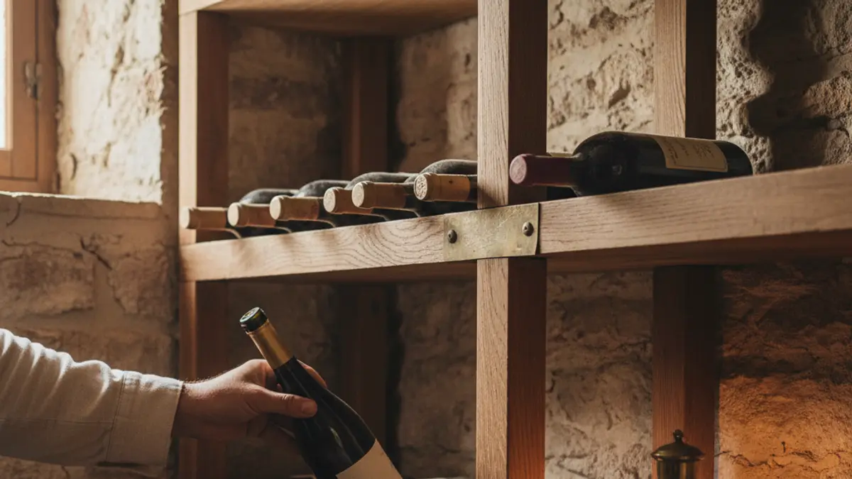 Hand placing a cork-sealed wine bottle into a dim wooden cellar rack