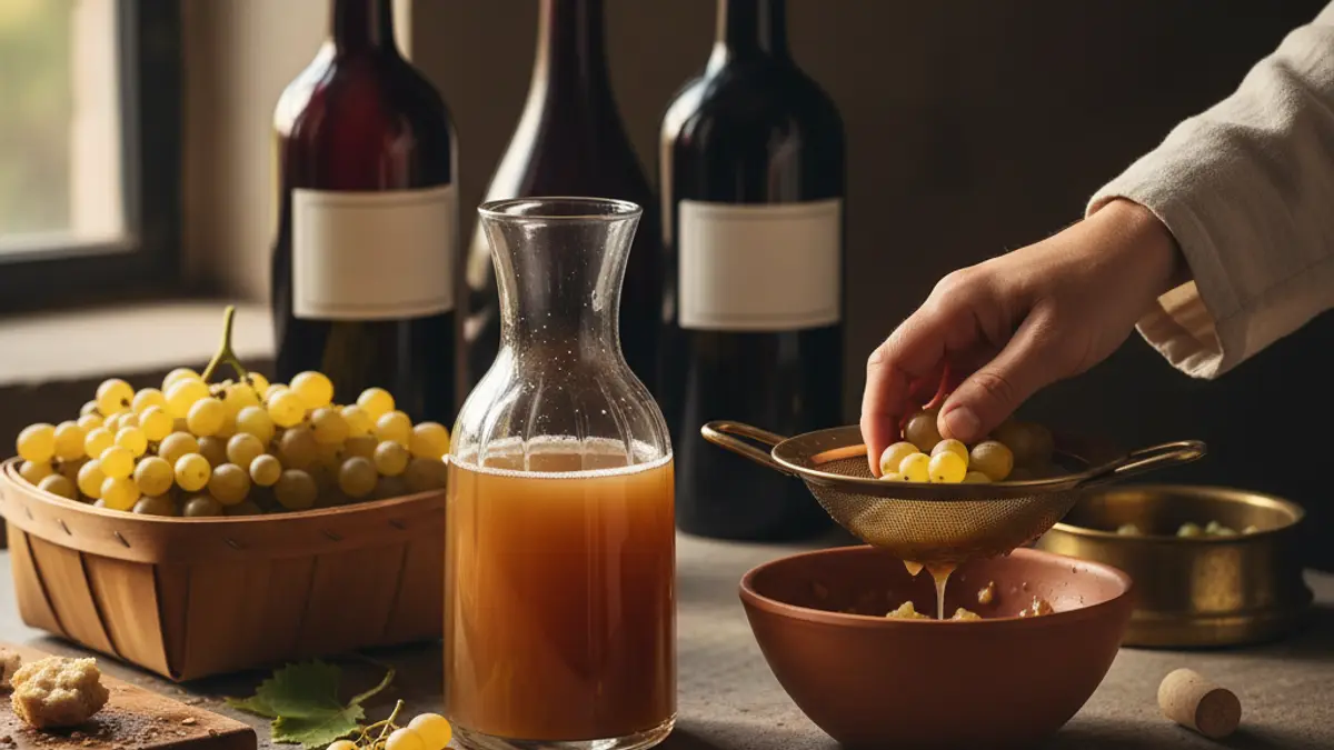 Golden grapes, juice, and a hand pressing fruit through a sieve