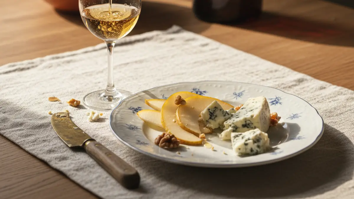 A hand pours amber wine beside blue cheese and sliced pear