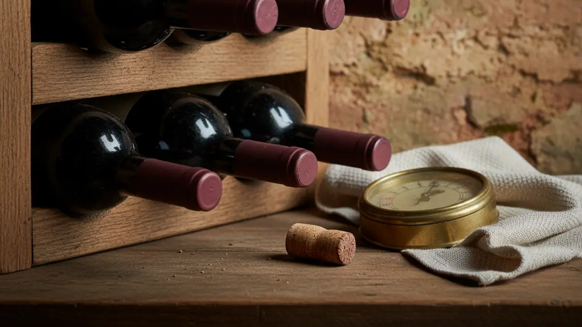 Wine bottles rest in a wooden cellar rack beside a thermometer
