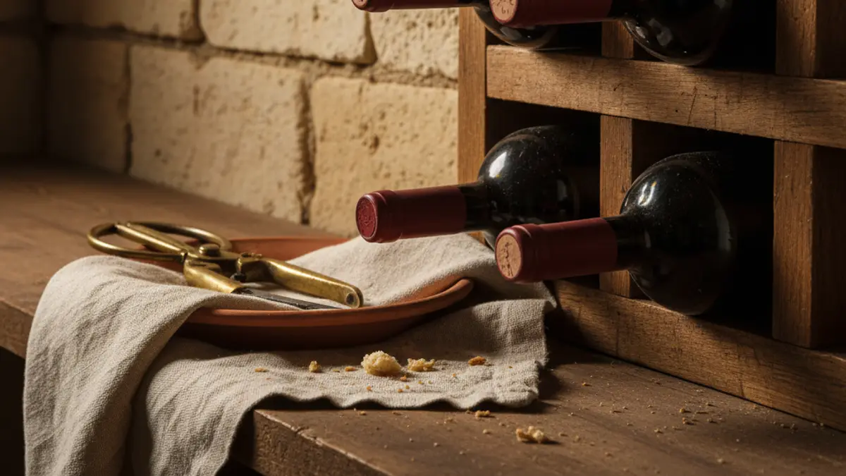 Three unlabeled wine bottles sit among soil samples in a warmly lit cellar
