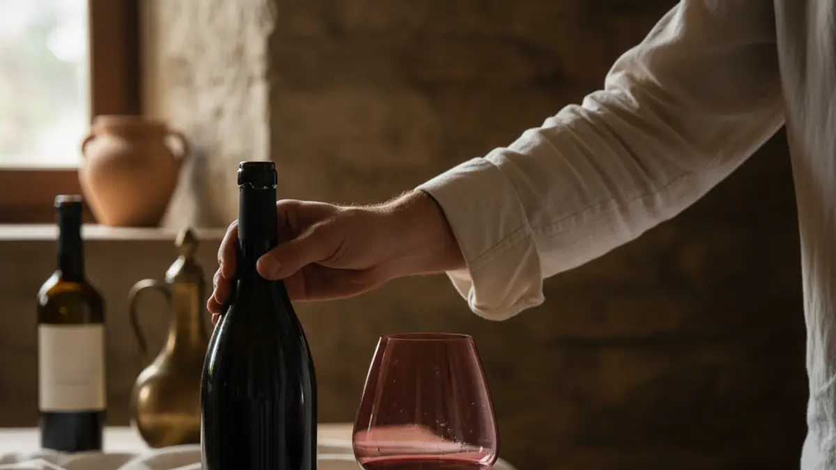 Hand examines an unlabeled Brunello bottle beside its cork and broad glass