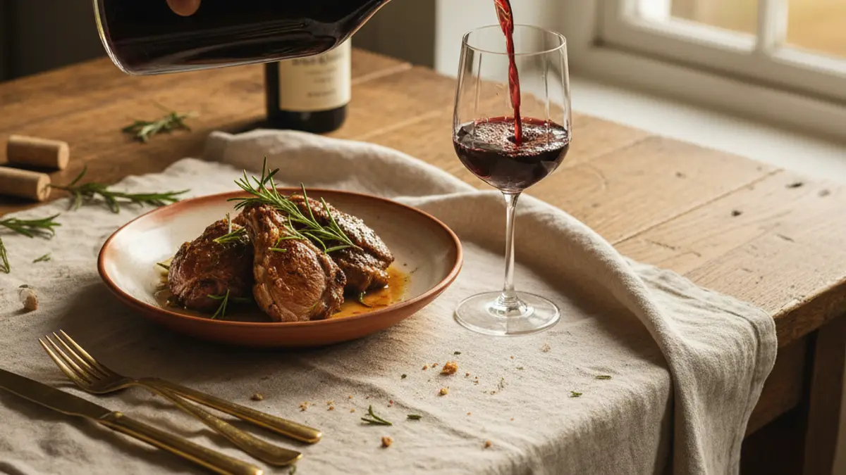 Hand pours red wine beside rosemary-roasted lamb and polished cutlery