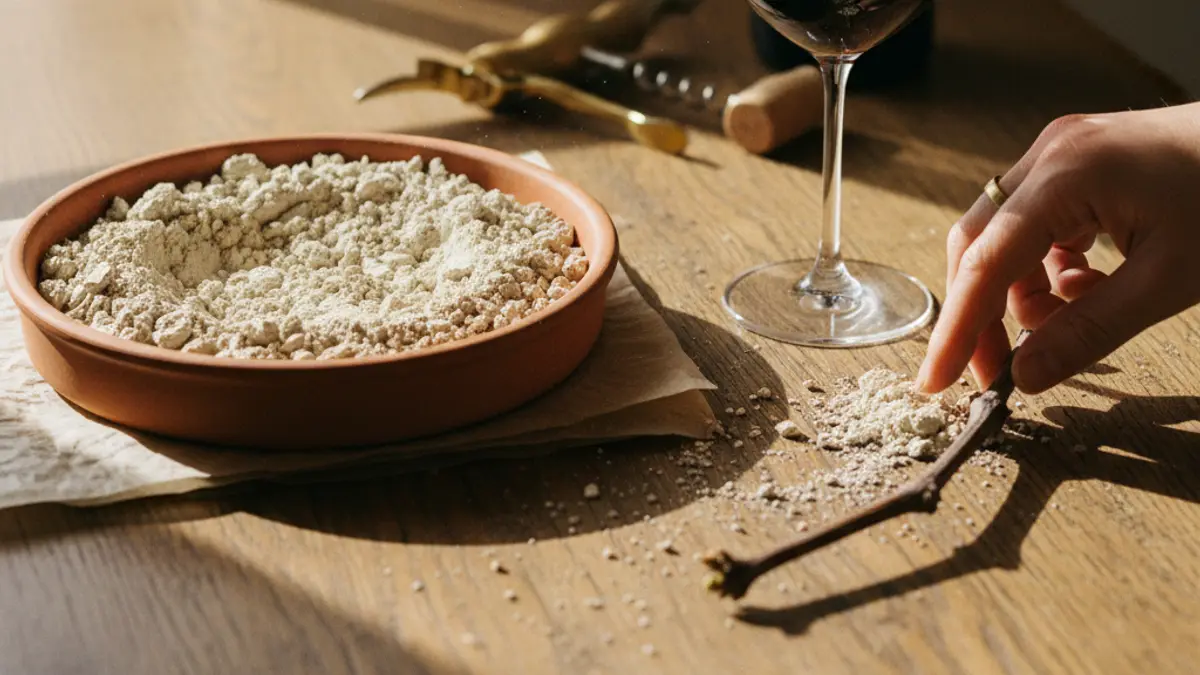 Wine glass beside limestone soil and a vine cutting on an oak table.