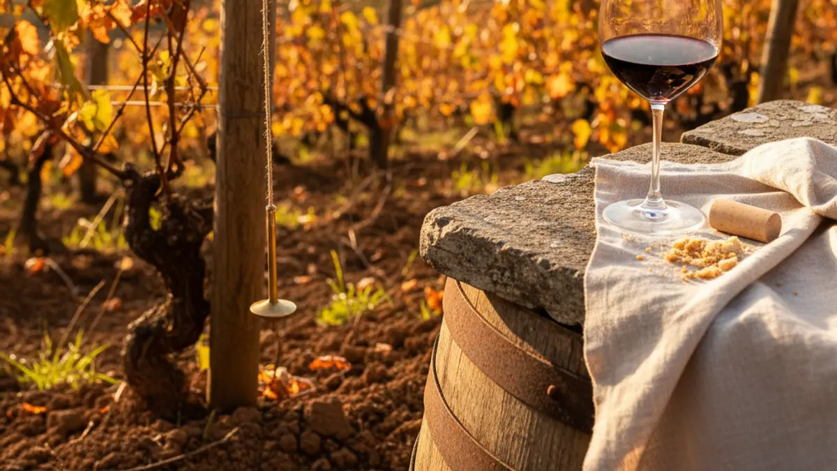 Gloved hand measures a steep vineyard slope beside a wine glass at sunset.